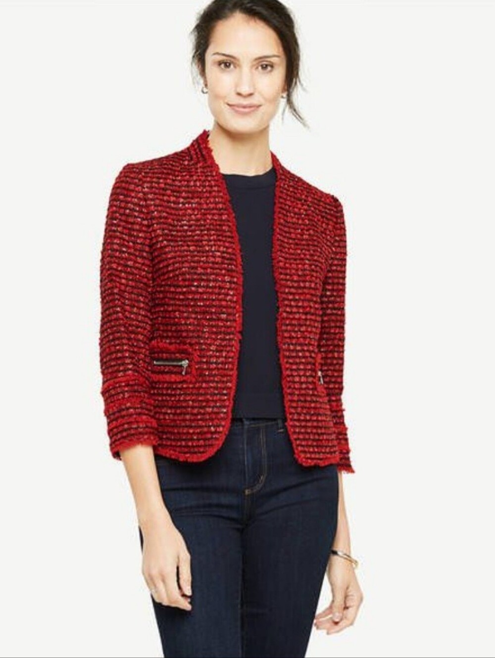 Ann Taylor Cropped Blazer 6 Petite Red Black Tweed Frayed Classic Dressy New$180